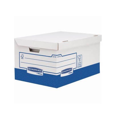 Archiváló konténer, karton, ultra erős, nagy, Fellowes® Bankers Box Basic, 10 db/csomag, kék-fehér