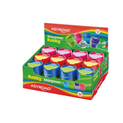 Hegyező 2 lyukú tartályos, fedeles, fém belsővel 12 db/display Keyroad Robby vegyes színek Hegyező Keyroad