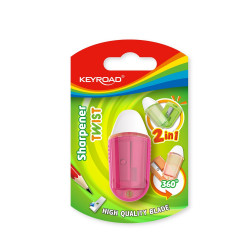 Hegyező, 1 lyukú, radírral, 1 db/bliszter, Keyroad Twist, vegyes színek Hegyező Keyroad