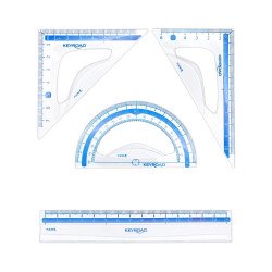 Vonalzókészlet, 15 cm, vonalzó, szögmérő, 45° és 60° háromszög vonalzók 4 db/bliszter Keyroad Vonalzó, szögmérő Keyroad