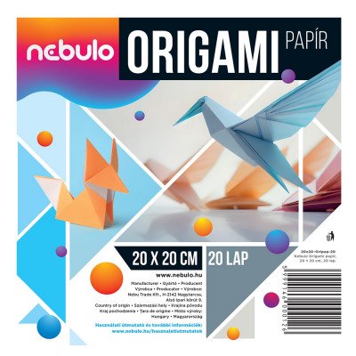 Origami papír 20x20 cm, vegyes színek, 20 lap/csomag, Nebulo