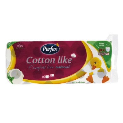 Toalettpapír 3 rétegű kistekercses 100% cellulóz 10 tekercs/csomag Cotton Like Comfort Line Natural Boni Perfex fehér