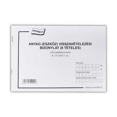 Készlet visszavételezési bizonylat 8 tételes 25x4 lapos tömb A/5 fekvő B.12-123/V Bluering
