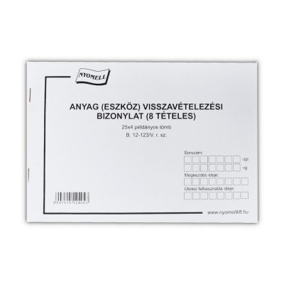 Készlet visszavételezési bizonylat 8 tételes 25x4 lapos tömb A/5 fekvő B.12-123/V Bluering