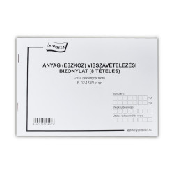 Készlet visszavételezési bizonylat 8 tételes 25x4 lapos tömb A/5 fekvő B.12-123/V Bluering Nyilvántartás Bluering