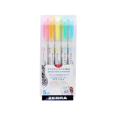 Ecsettoll készlet, kétvégű Zebra Mildliner Fluorescent, 5 különböző szín