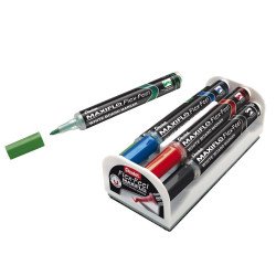 Táblamarker+törlő készlet 1-5mm, hajlékony hegyű, Pentel Maxiflo Flex Feel, 4 klf. szín Táblamarker Pentel