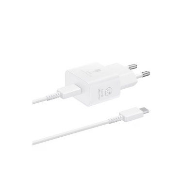 Töltő hálózati SAMSUNG Type-C aljzat (25W, GaN, PD gyorstöltő + Type-C kábel) fehér