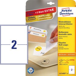 Etikett címke, 199,6 x143,5mm, univerzális visszaszedhető, 2 címke/ív, 25 ív/doboz, Avery fehér Etikett - címke Avery