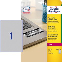 Etikett címke, 210 x297mm, ipari poliészter, 1 címke/ív, 20 ív/doboz, Avery ezüst Etikett - címke Avery