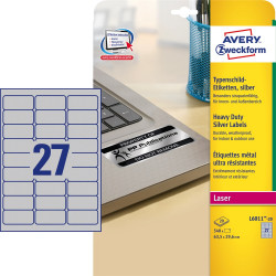 Etikett címke, 63,5 x29,6mm, ipari poliészter, 27 címke/ív, 20 ív/doboz, Avery ezüst Etikett - címke Avery