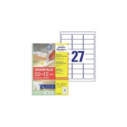 Etikett címke, 63,5x29,6mm, univerzális, 65 lap, 27 címke/lap Avery, fehér Etikett - címke Avery