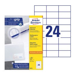Etikett címke, 70 x37mm, univerzális, 24 címke/ív, 100 ív/doboz, Avery fehér Etikett - címke Avery