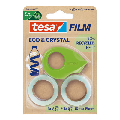 Ragasztószalag 19mmx10m irodai újrahasznosított 2 db víztiszta szalag+adagoló Tesa Eco & Crystal