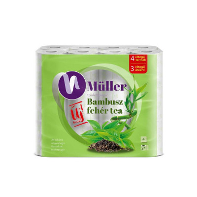 Toalettpapír 4 rétegű kistekercses 100% cellulóz 100 lap/tekercs 24 tekercs/csomag Bambusz Müller Fehér Tea