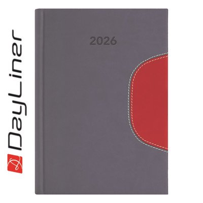 Határidőnapló Memphis A5 napi, fehér lapokkal szürke-piros Dayliner 2026.