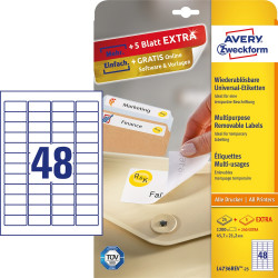 Etikett címke, 45,7 x21,2mm, univerzális visszaszedhető, 48 címke/ív, 25 ív/doboz, Avery fehér Etikett - címke Avery