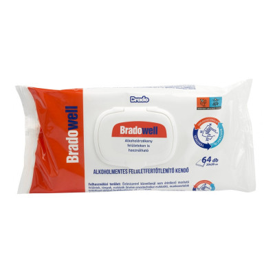 Nedves törlőkendő fertőtlenítő hatással 64 lap/csomag alkoholmentes Bradowell
