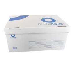 Archiváló konténer karton doboz fedeles 54x36x25cm, felfelé nyíló tetővel Bluering® fehér-kék Archiválás Bluering