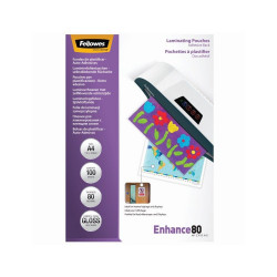 Lamináló fólia, A4, 80 mikron, fényes, öntapadó hátlappal, 100 db/doboz, Fellowes® Kötészeti kellék Fellowes