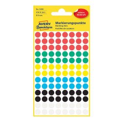 Etikett címke, o8mm, jelölésre, 6 klf. szín 104 címke/ív, 4 ív/doboz, Avery vegyes Etikett - címke Avery