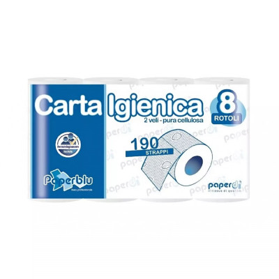 Toalettpapír 2 rétegű kistekercses 100%cellulóz 190 lap/19,95 m/tekercs 8 tekercs/csomag Paperblu Carta Igienica_Paperdi